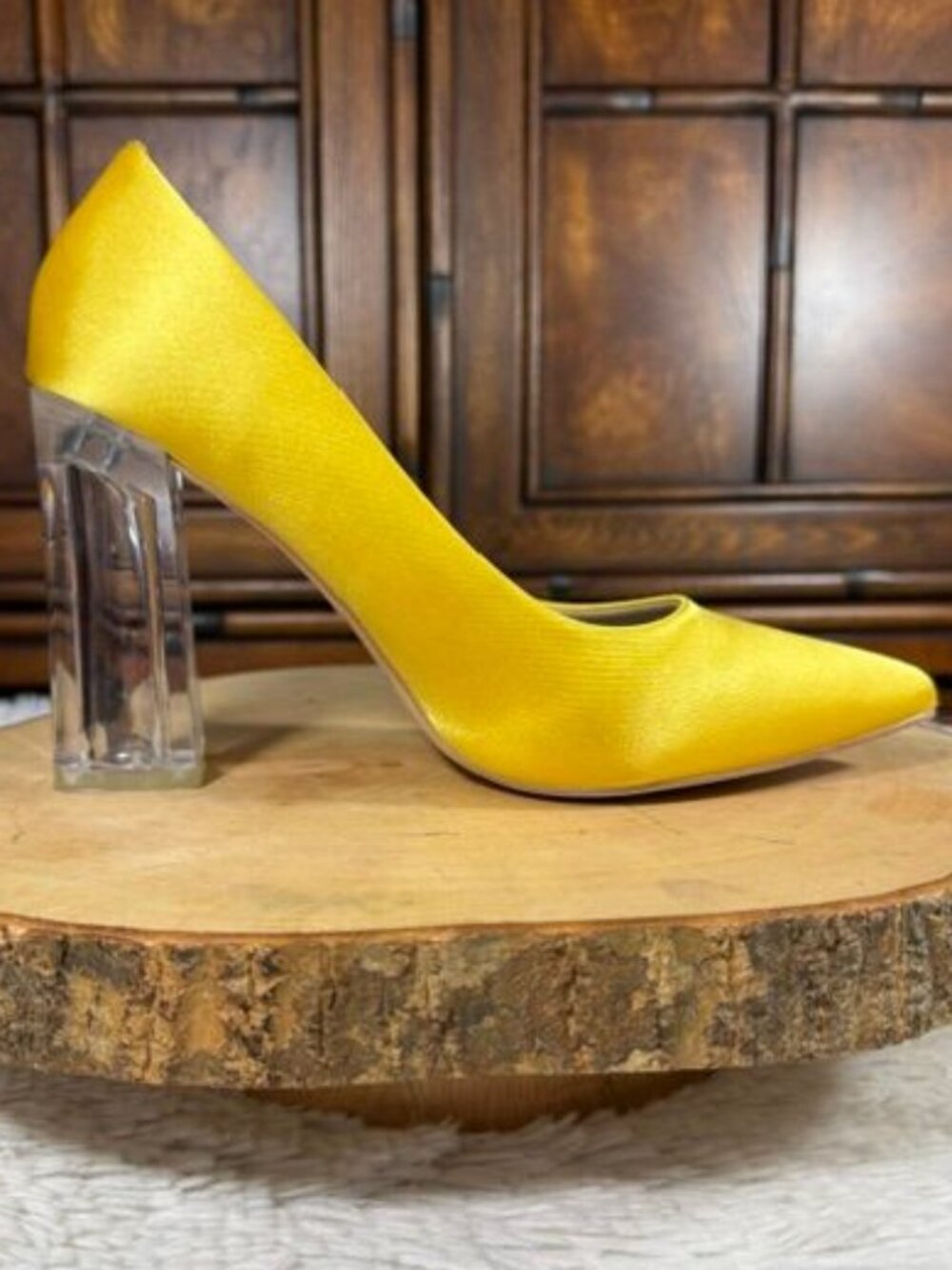 BIGTREE Yellow Satin Clear Lucite Block Heel Pointed Toe Pump - Picture 5 of 11